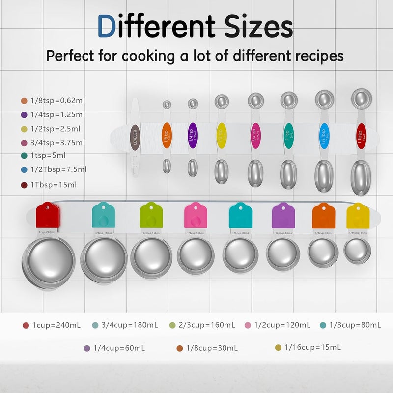 Minteem Magnetic Measuring Cups and Spoons Set, 7 Nesting Stainless Steel Measuring Cup Set with Easy to Read Markings, 7 Magnetic Measuring Spoons & 1 Leveler for Measuring Dry or Liquid Ingredients - Image 2